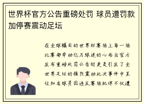 世界杯官方公告重磅处罚 球员遭罚款加停赛震动足坛
