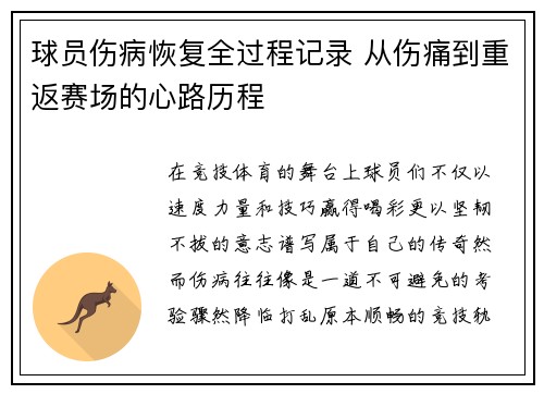球员伤病恢复全过程记录 从伤痛到重返赛场的心路历程 球员伤病恢复全过程记录 从伤痛到重返赛场的心路历程